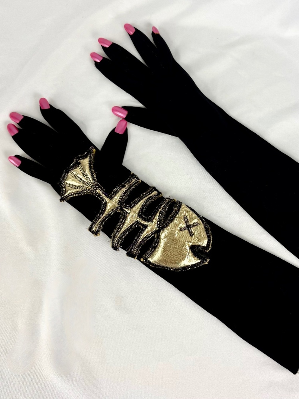 Halloween Costume Black Gloves w Pink Fake Nails Fish Bones Skeleton Flawed